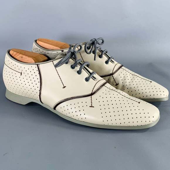 PRADA Grey Brown Perforated Leather Lace-Up Shoes - Picture 1 of 8
